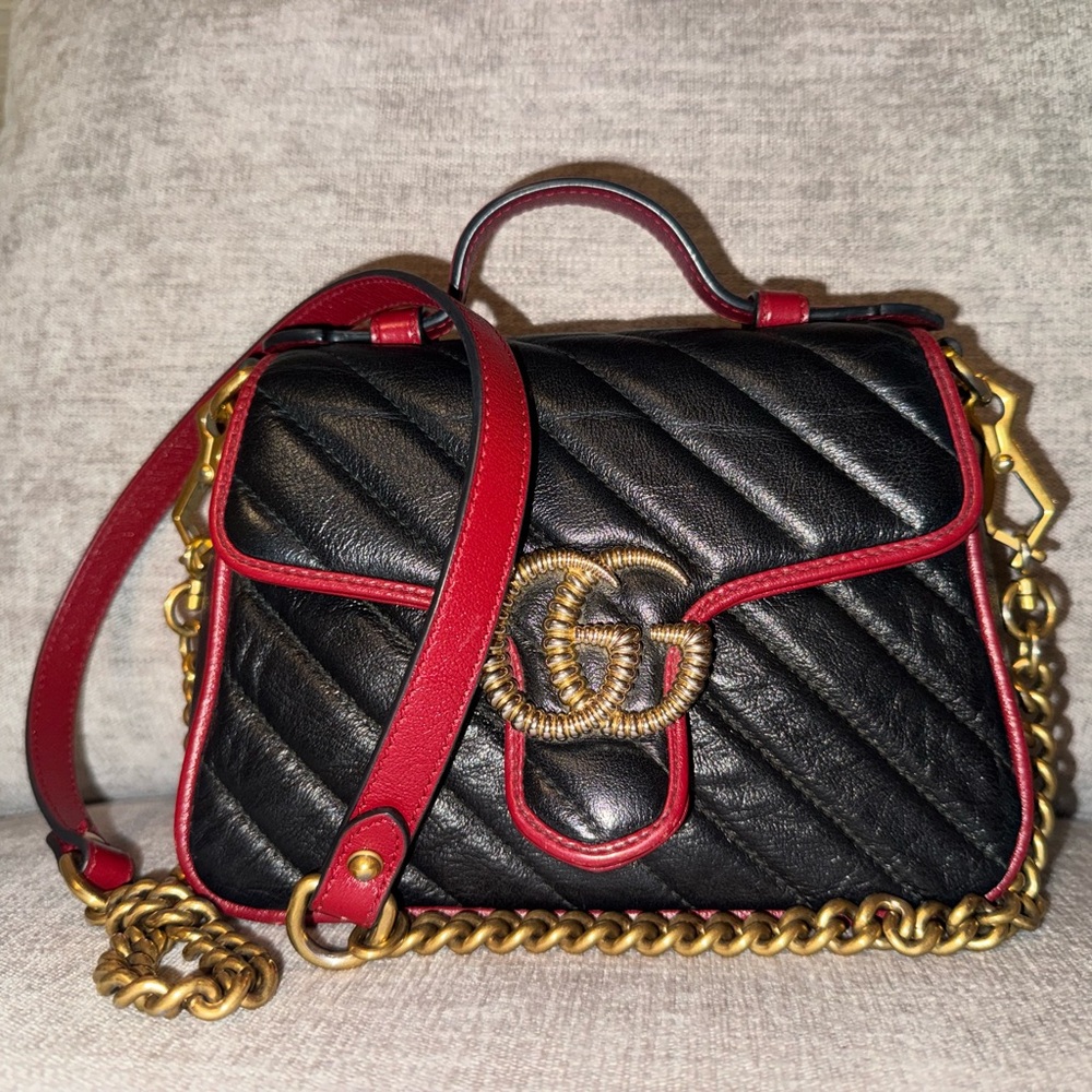 Gucci Marmont Flap Leather Bag Small with Red Trim and Gold GG Hardware